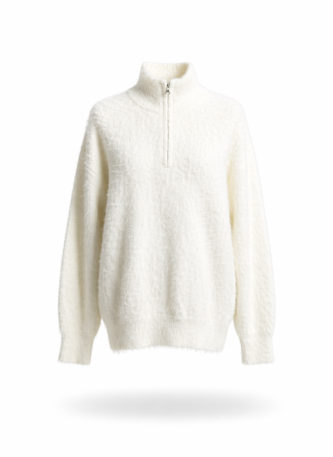 Women Off-White Fuzzy Quarter-Zip Plush Pullover