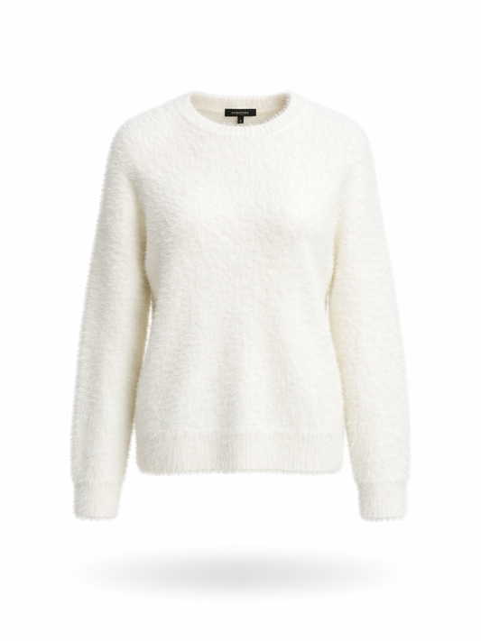 Women Creamy White Eyelash Knit Fuzzy Sweater