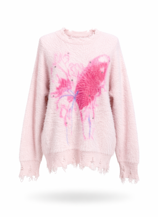 Dusty Pink Distressed Fuzzy Graphic Oversized Pullover