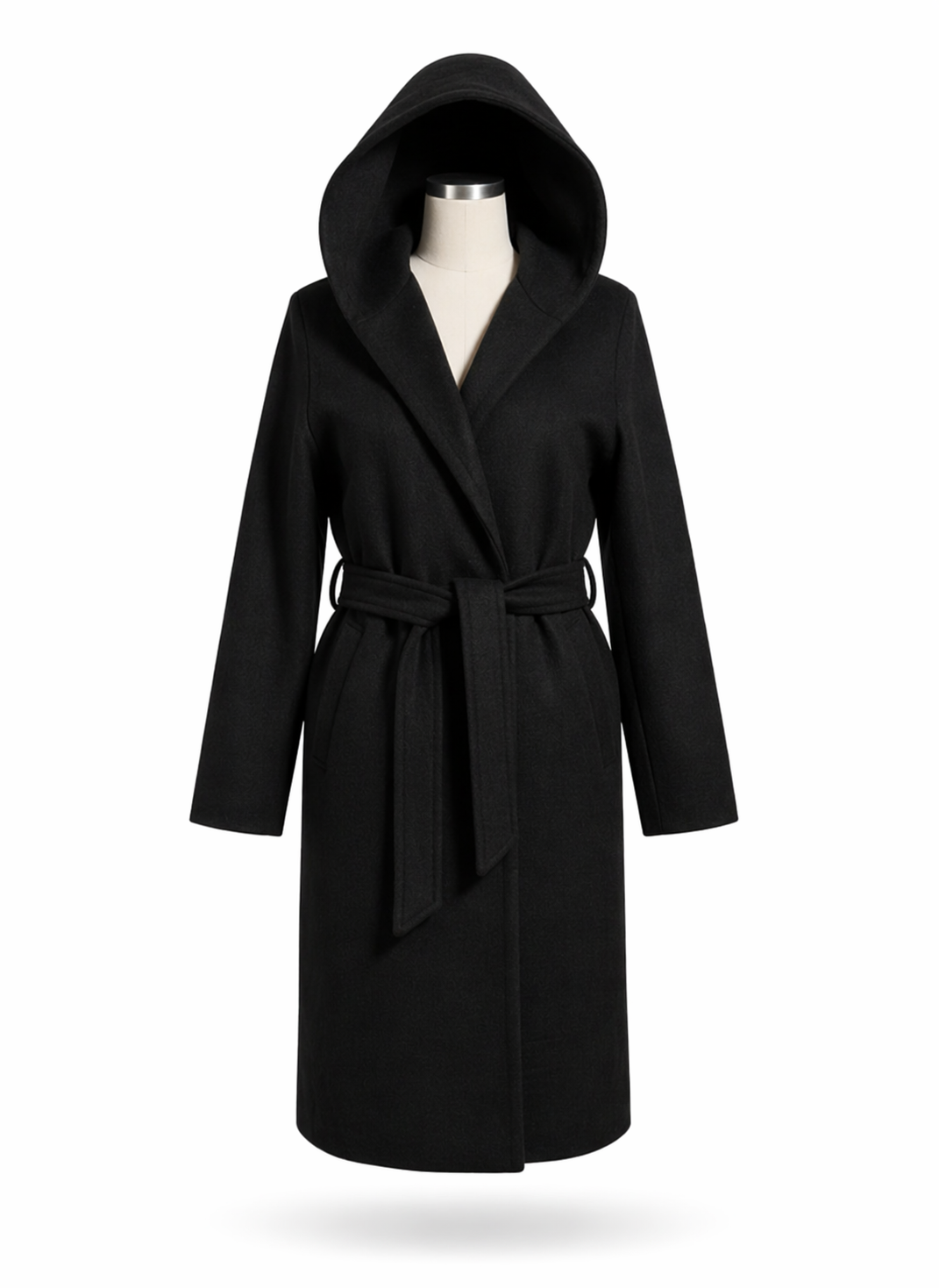 Elegant Midnight Black Woolen Hooded Trench Coat with Tie-Up Belt