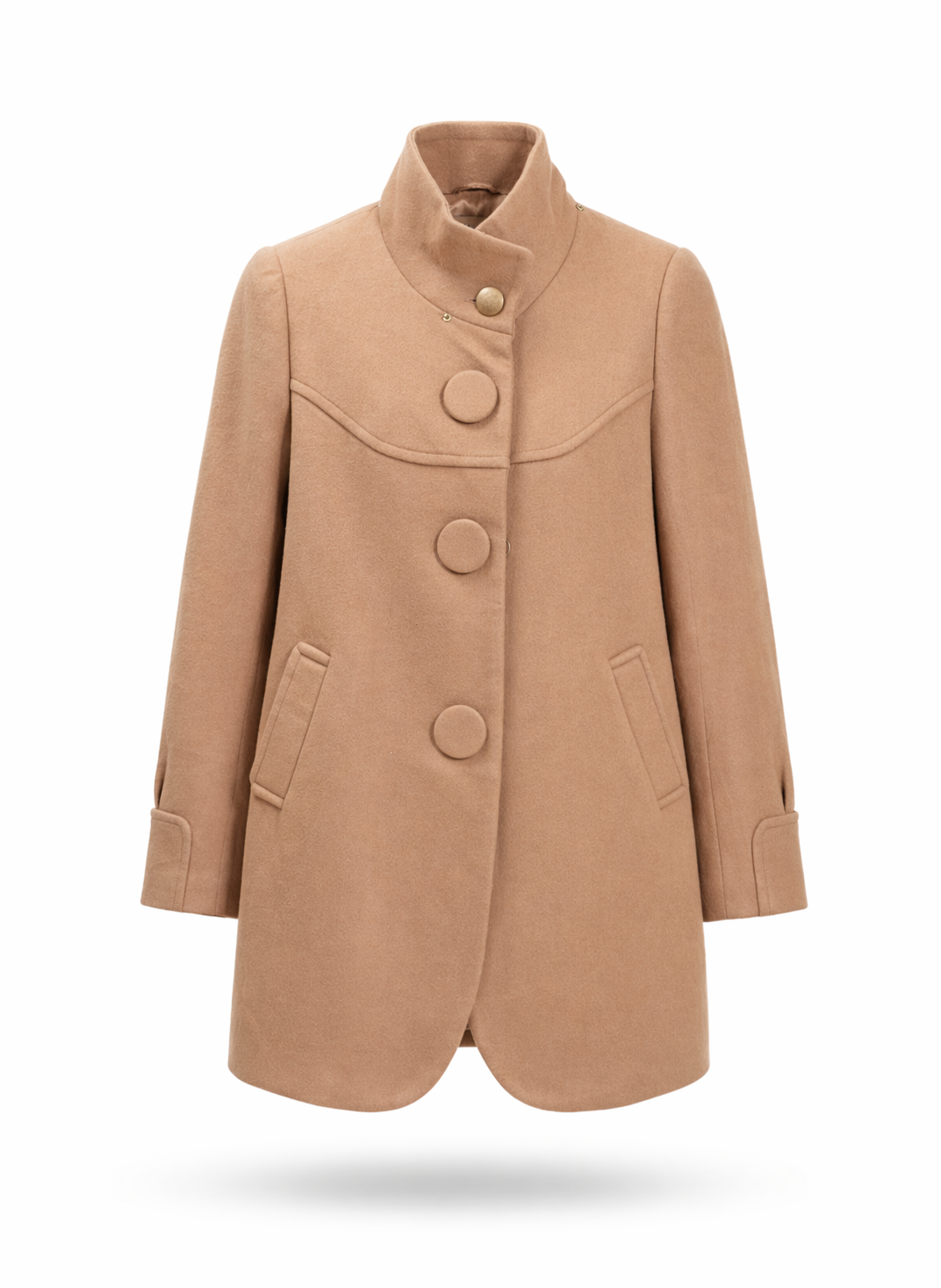 Women Camel Wool-Blend Funnel Neck Coat with Oversized Buttons