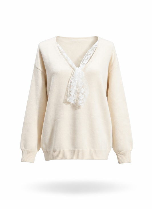 Elegant Cream V-Neck Knit Sweater with Lace Tie Detail