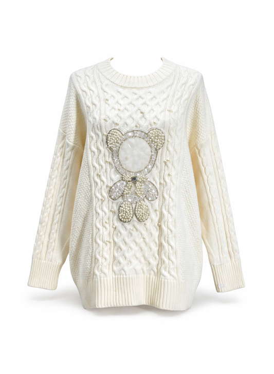 Pearl-Embellished Teddy Bear Cable Knit Oversized Sweater