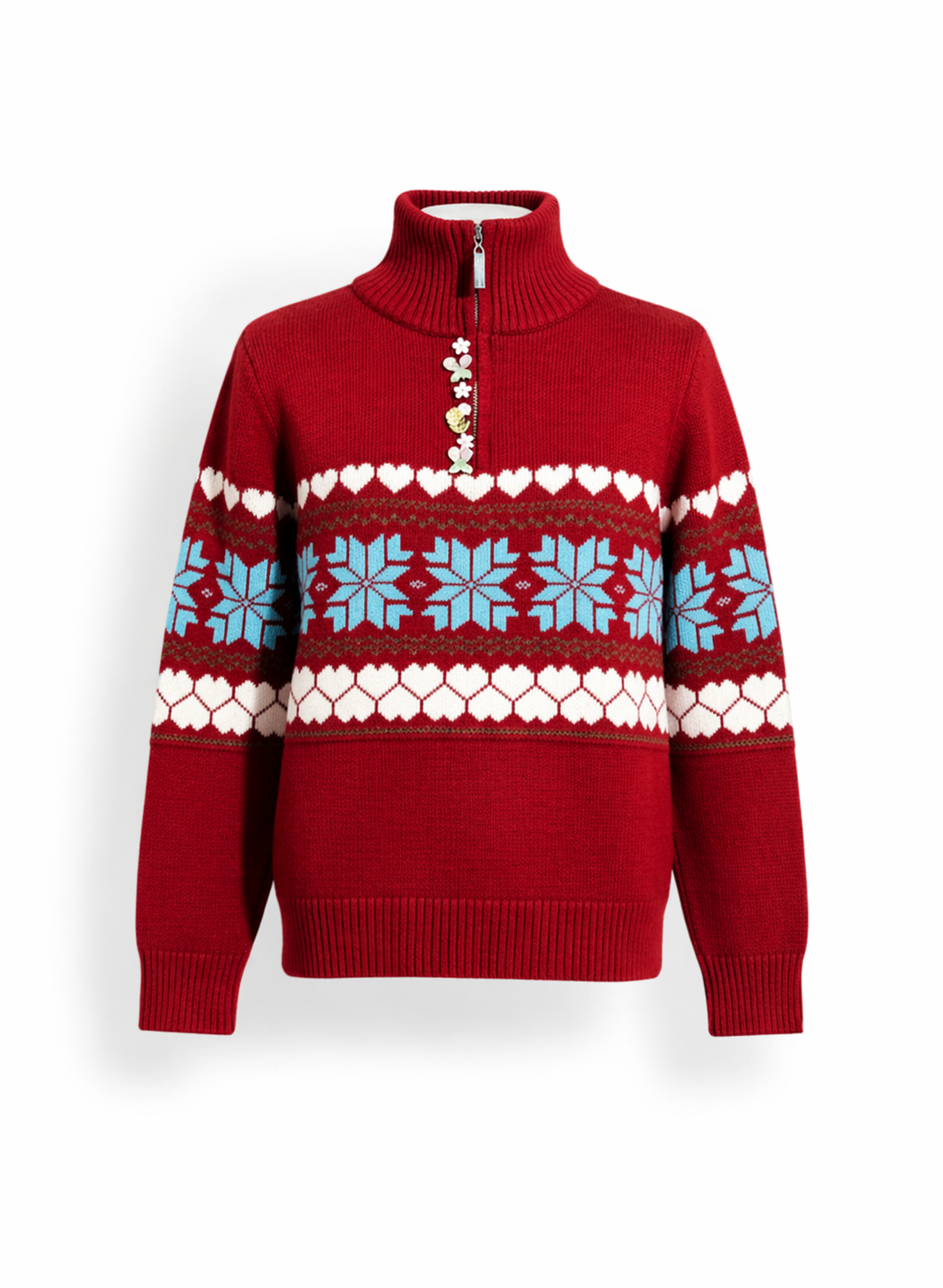 Girls Red Half-Zip Fair Isle Knit Sweater with Floral Accents