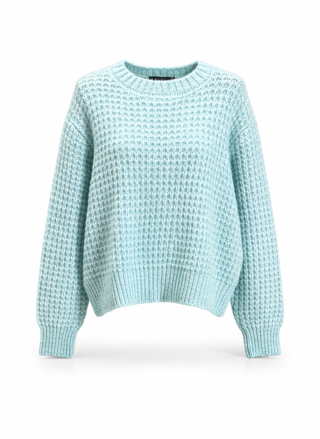 Women Aqua Blue Waffle-Knit Round Neck Cozy Sweater