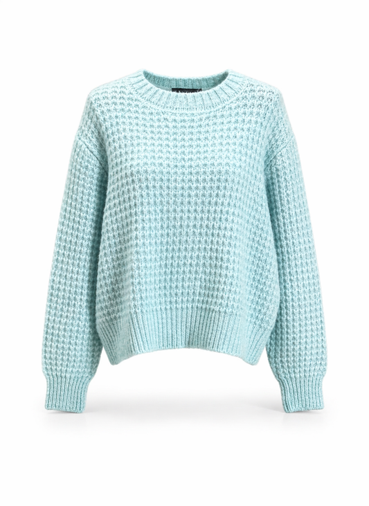 Women Aqua Blue Waffle-Knit Round Neck Cozy Sweater