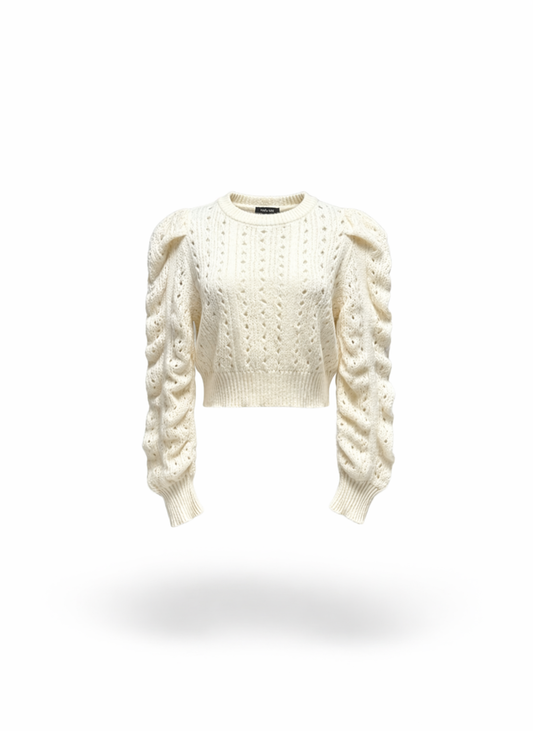 Women Cream Ruched Puff Sleeve Open-Knit Cropped Sweater