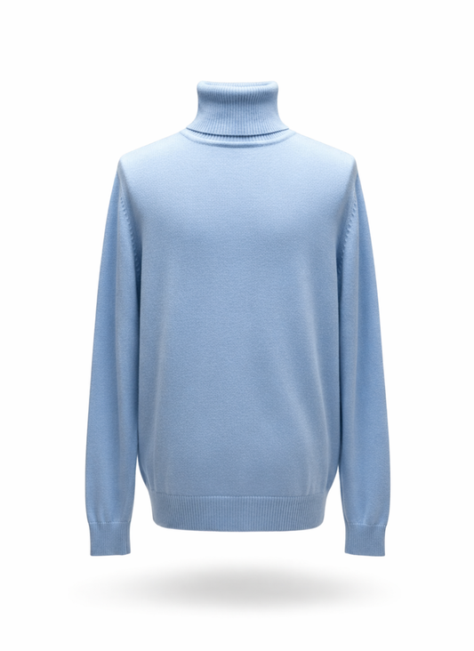 Men Sky Blue Ribbed High-Neck Turtleneck Knit Sweater
