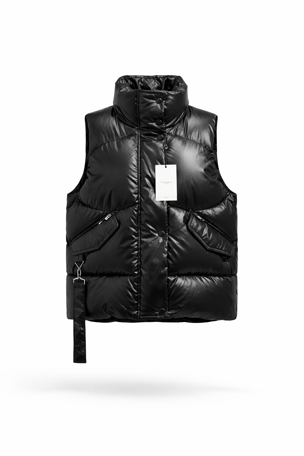Glossy Midnight Black Funnel Neck Puffer Vest