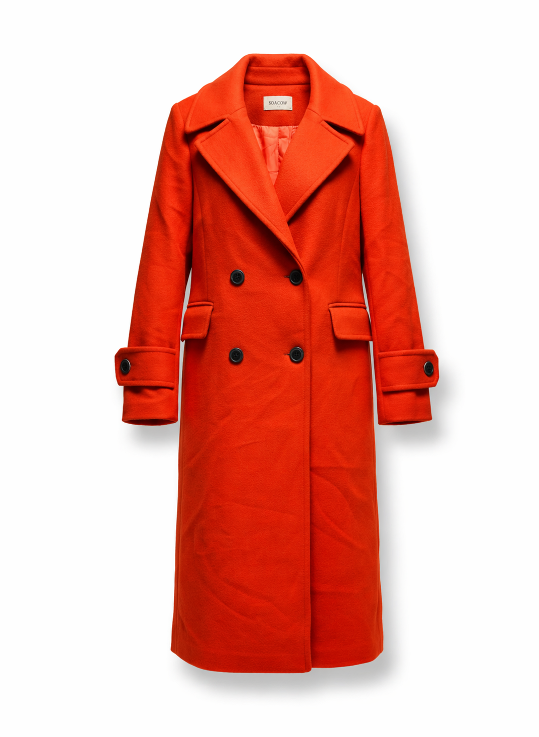 Vibrant Orange Double-Breasted Premium Woolen Long Coat