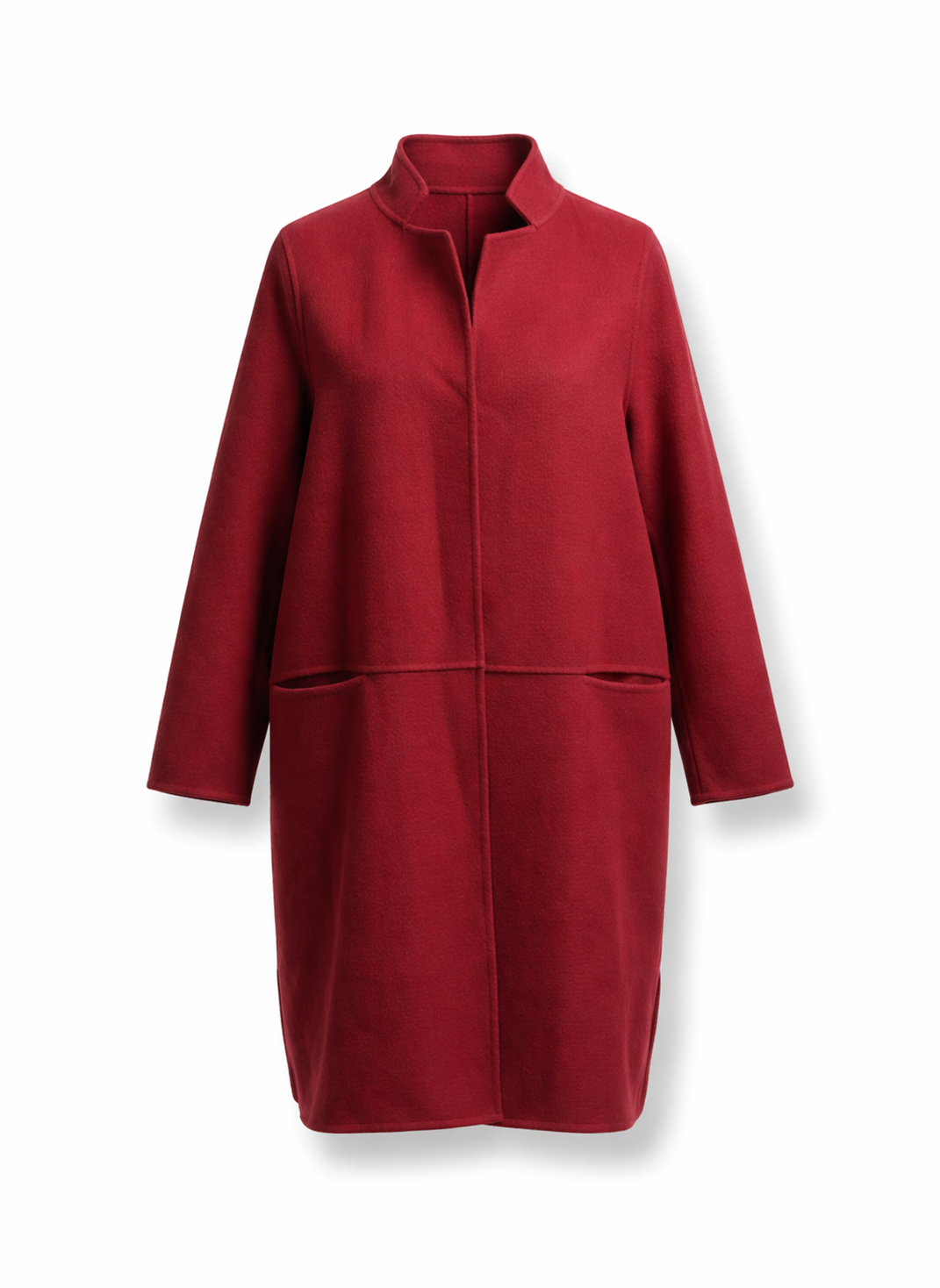 Crimson Elegance Minimalist Funnel Neck Wool Blend Coat