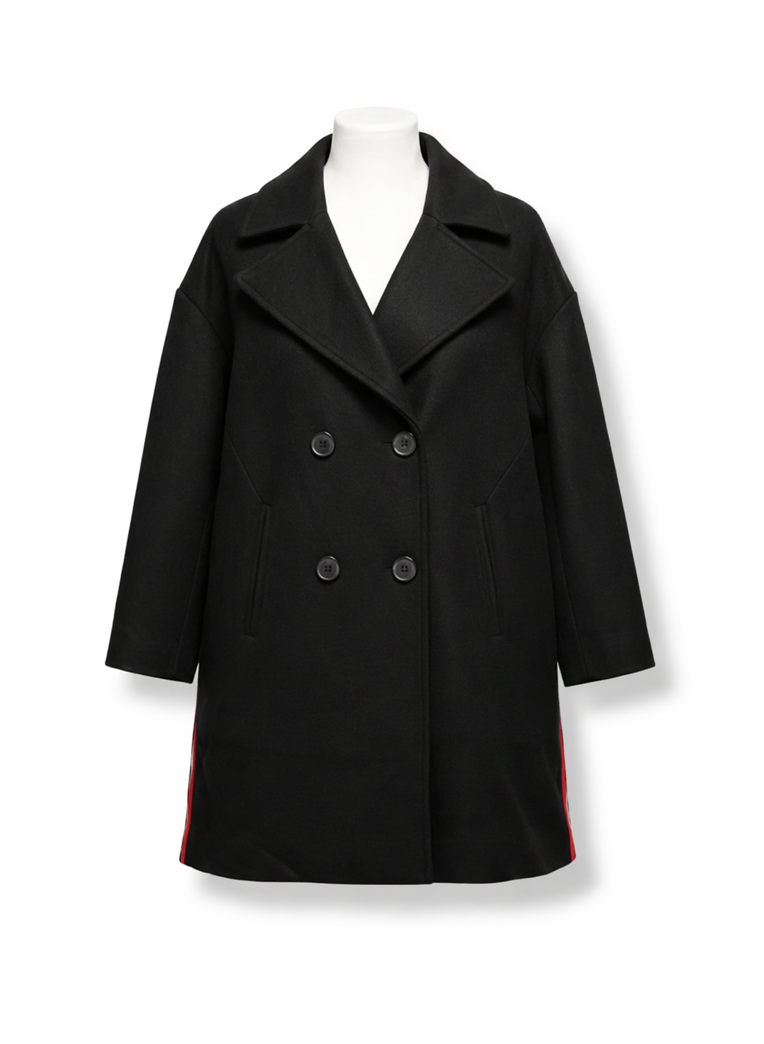 Women's Black Double-Breasted Overcoat with Red Contrast Stripe
