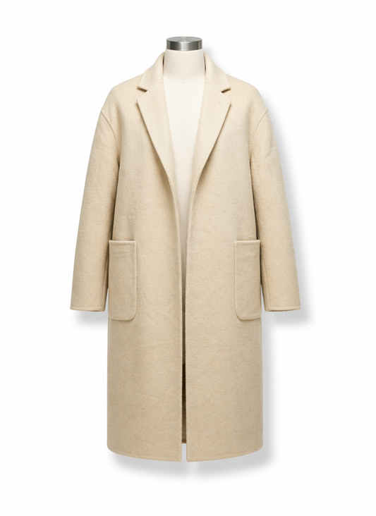 Beige Notched Lapel Woolen Blend Longline Overcoat