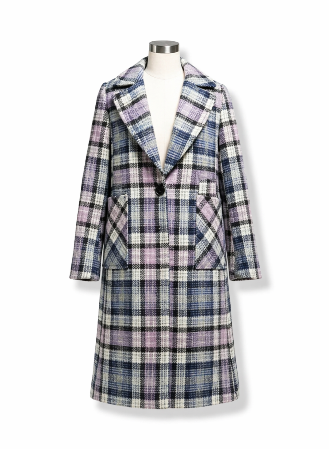 Womens Lilac and Blue Plaid Wool-Blend Long Overcoat