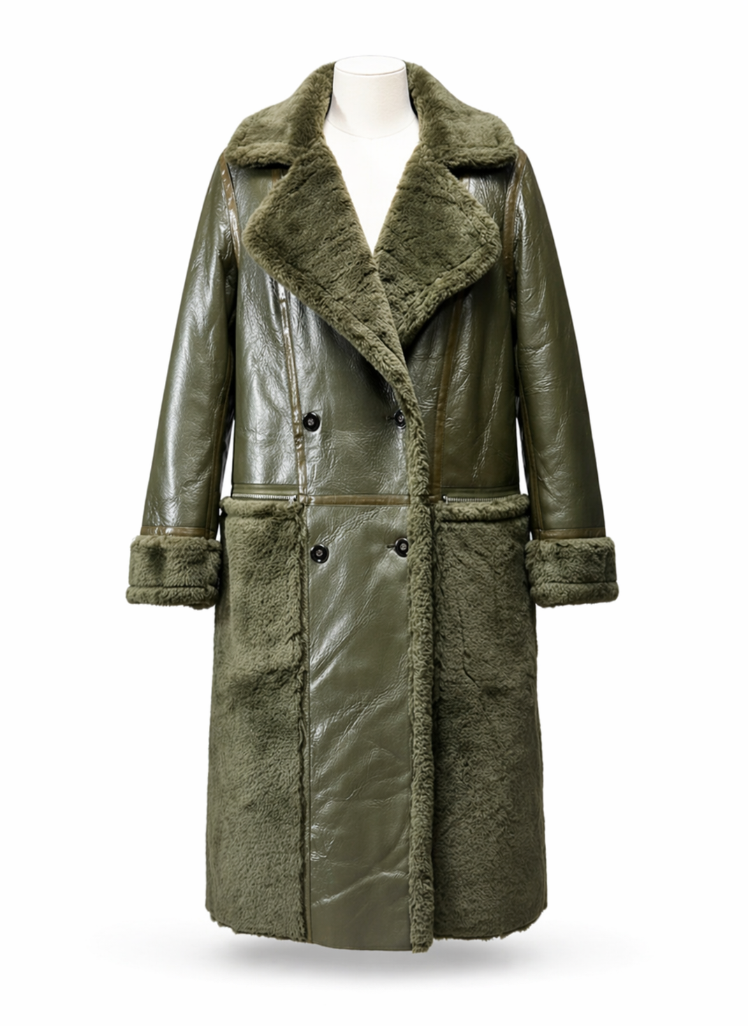 Women Olive Green Faux Fur Trimmed Leatherette Long Overcoat