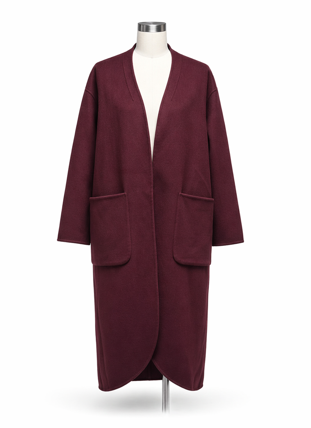 Womens Elegant Maroon Open Front Longline Wool Blend Overcoat