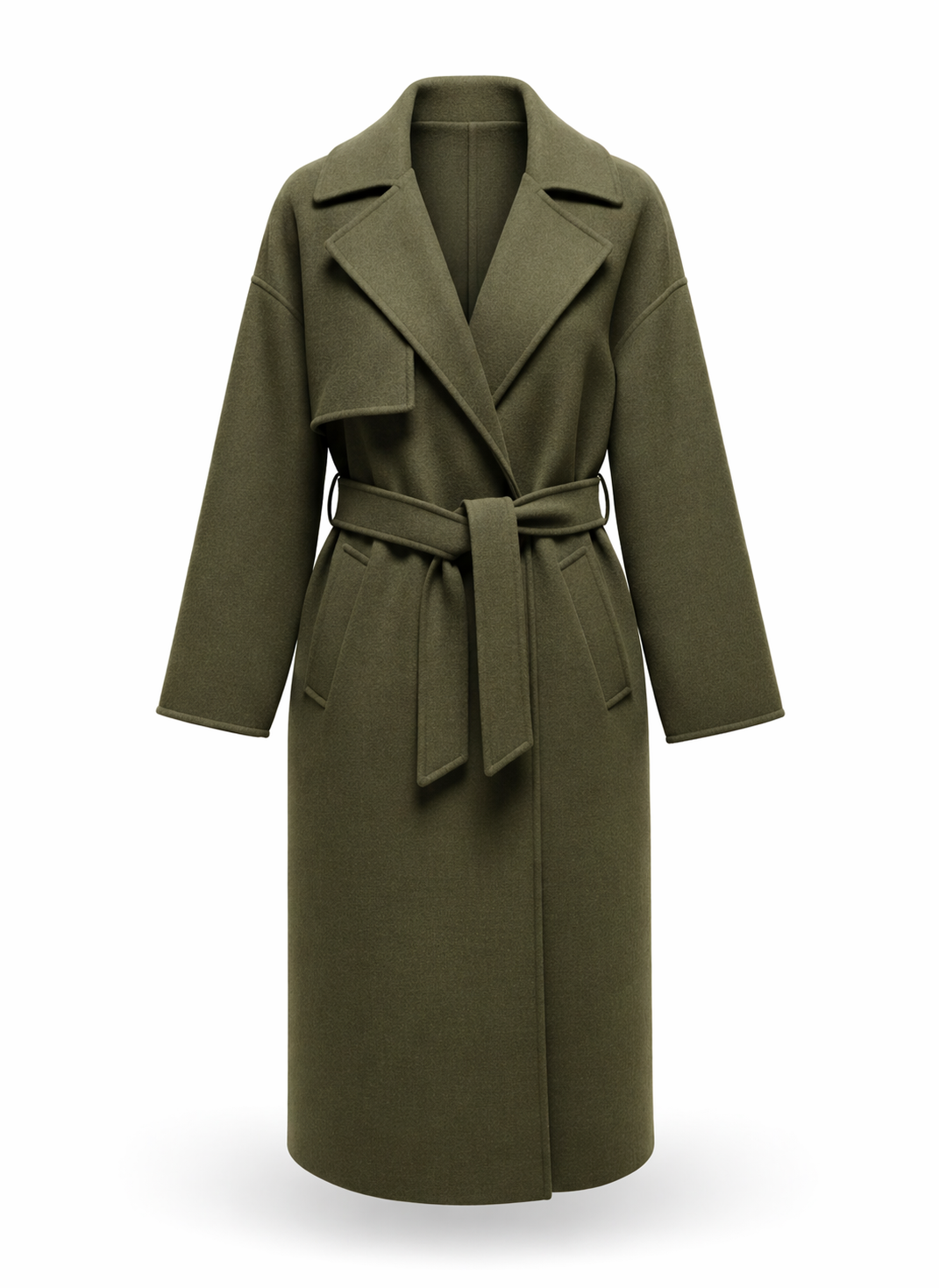 Womens Elegant Olive Green Belted Wool-Blend Overcoat