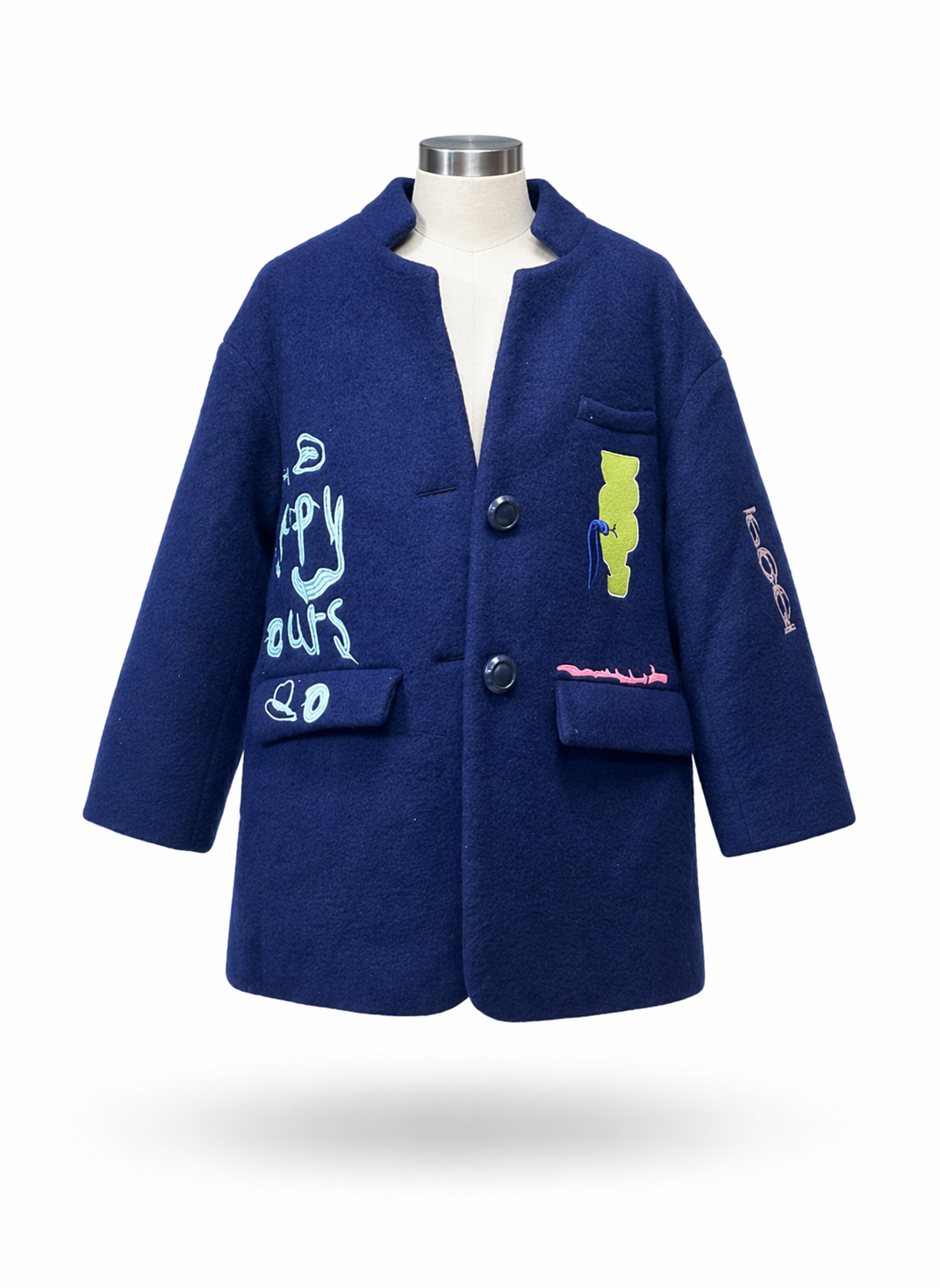 Kids Whimsical Graffiti Embroidered Navy Wool Blend Oversized Coat
