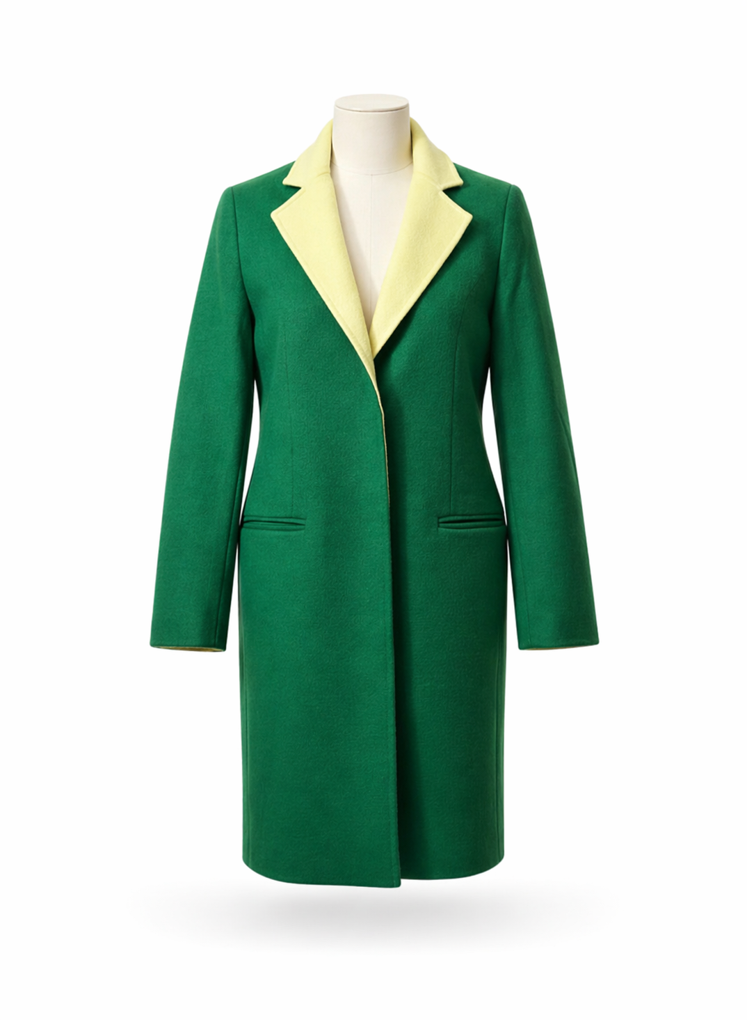 Verdant Elegance Contrast Lapel Wool Blend Overcoat