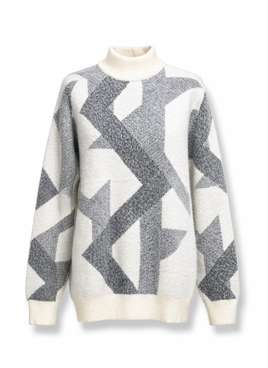 Monochrome Geometric Abstract High-Neck Sweater