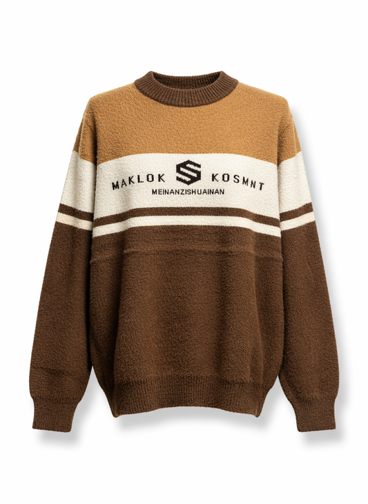 Maklok Men's Earth-Tone Colorblock Textured Streetwear Sweater