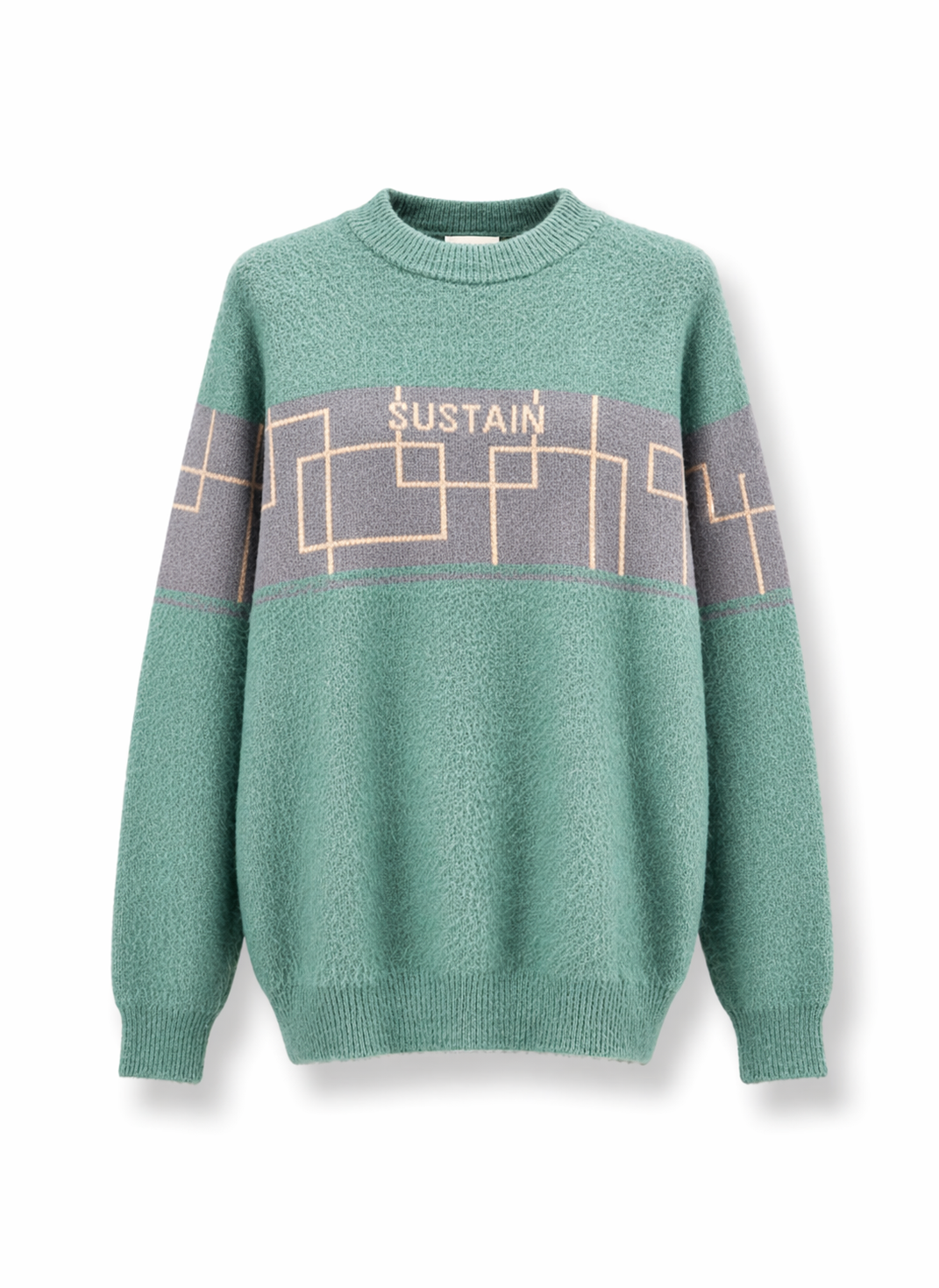 Urban Sustain Geometric Patterned Teal Crew Neck Sweater