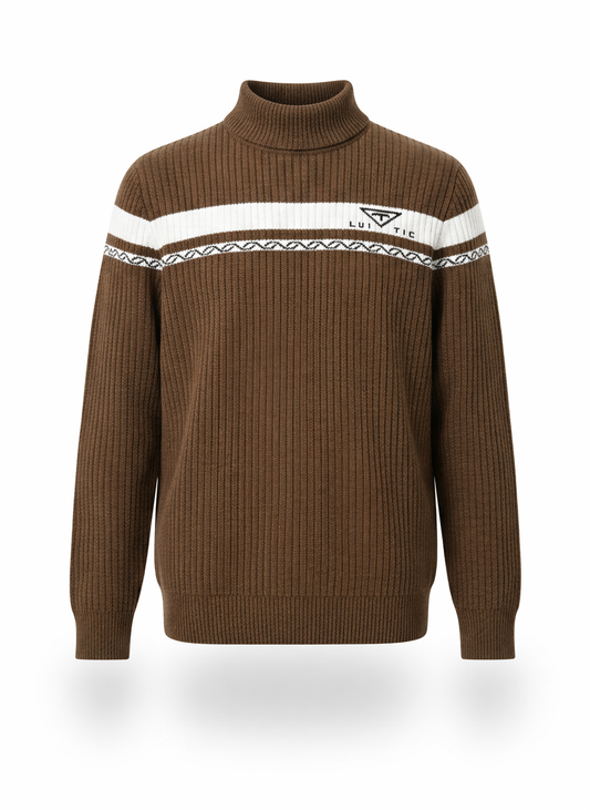 Luivtic Men Brown Ribbed Turtleneck Sweater with Contrast Stripe