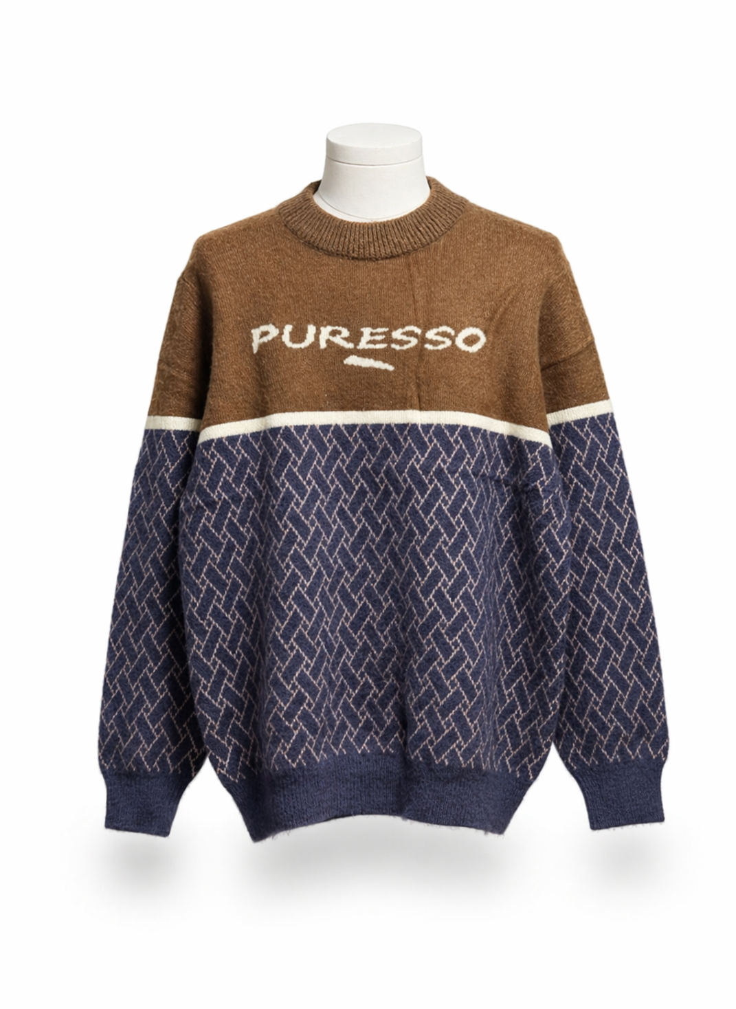 PURESSO Men's Color-Blocked Geometric Knit Crew Neck Sweater