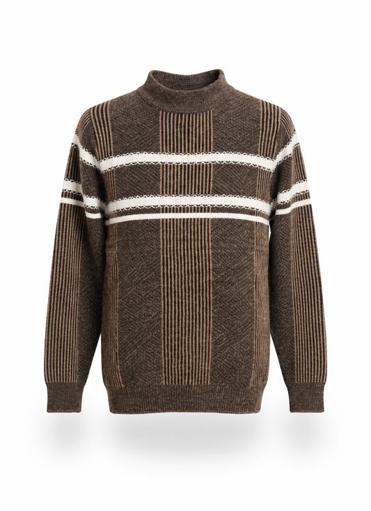 Classic Brown Textured Mock Neck Pullover Sweater for Men