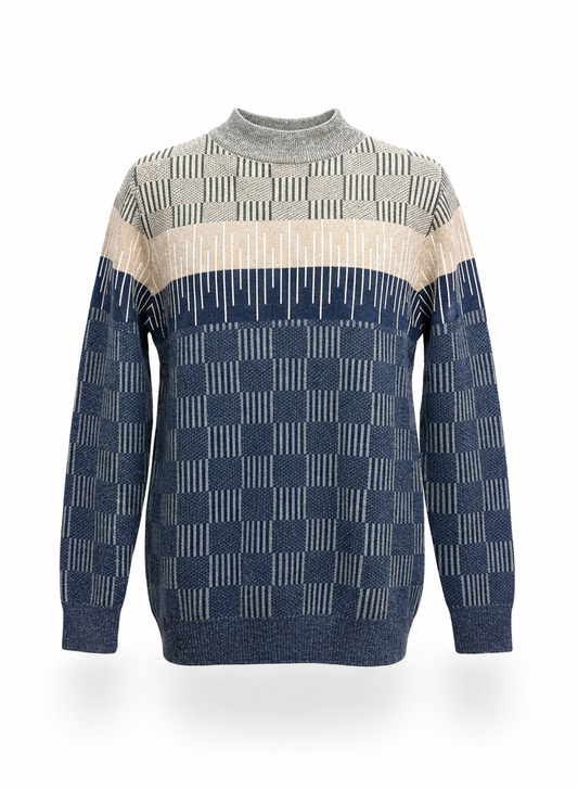 Men's Navy and Grey Geometric Patterned Knit Sweater
