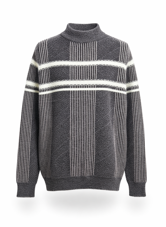 Men's Grey Geometric Striped Mock Neck Sweater