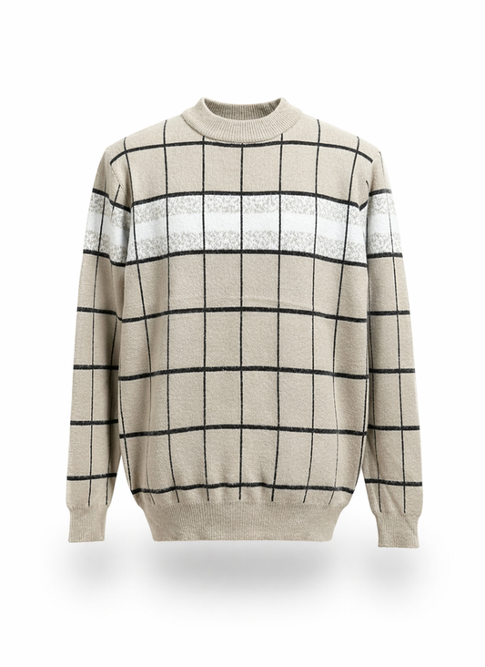 Mens Beige Windowpane Check Knit Crew Neck Sweater