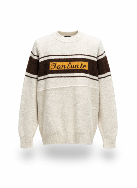 Fan Lun Te Men's Off-White & Brown Striped Oversized Crew Neck Sweater
