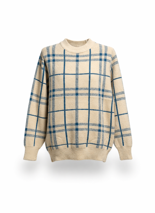 Urban Chic Beige and Blue Checkered Relaxed Fit Pullover Sweater