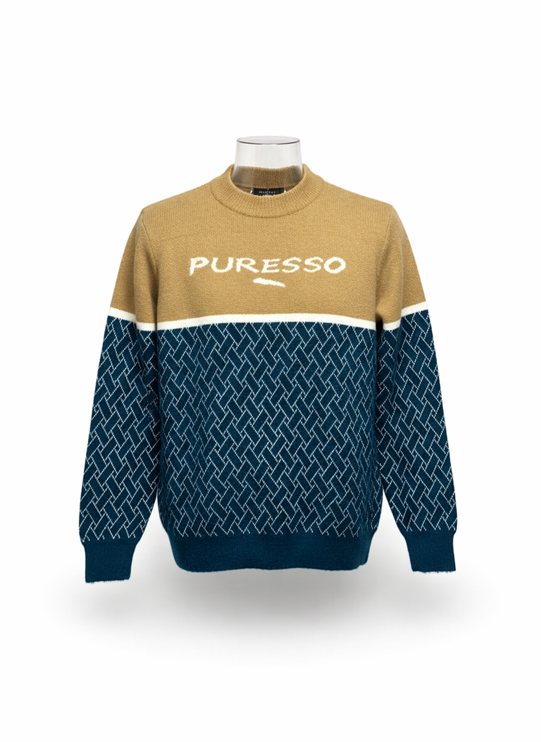 PURESSO Men Tan and Teal Color-Block Geometric Knit Sweater
