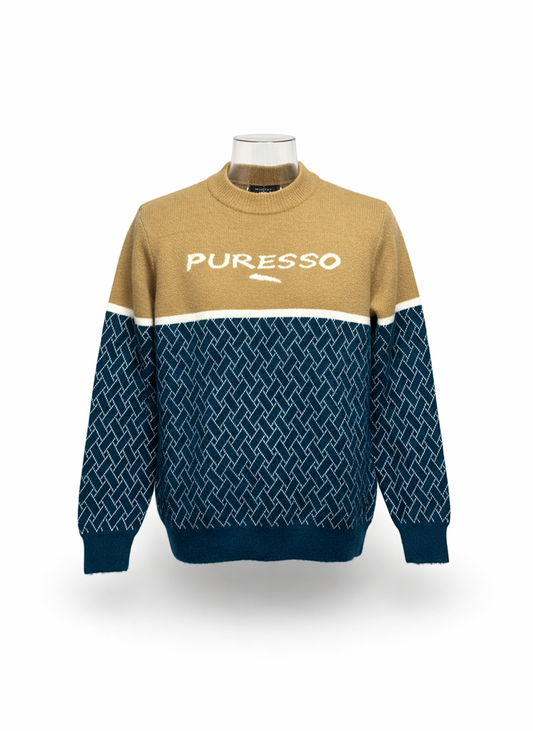 PURESSO Men Tan and Teal Color-Block Geometric Knit Sweater