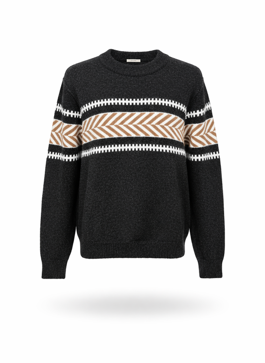 Men Charcoal Grey Geometric Patterned Crew Neck Sweater