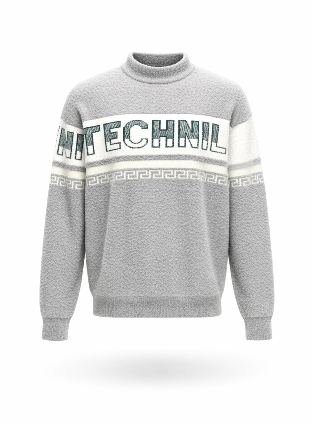 Technil Men's Grey Textured Mock-Neck Graphic Pullover Sweatshirt