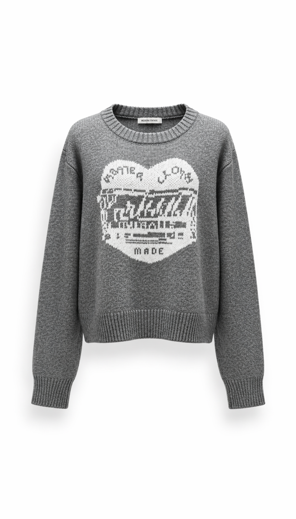 Modern Vintage Women Grey Heart Graphic Intarsia Knit Sweater