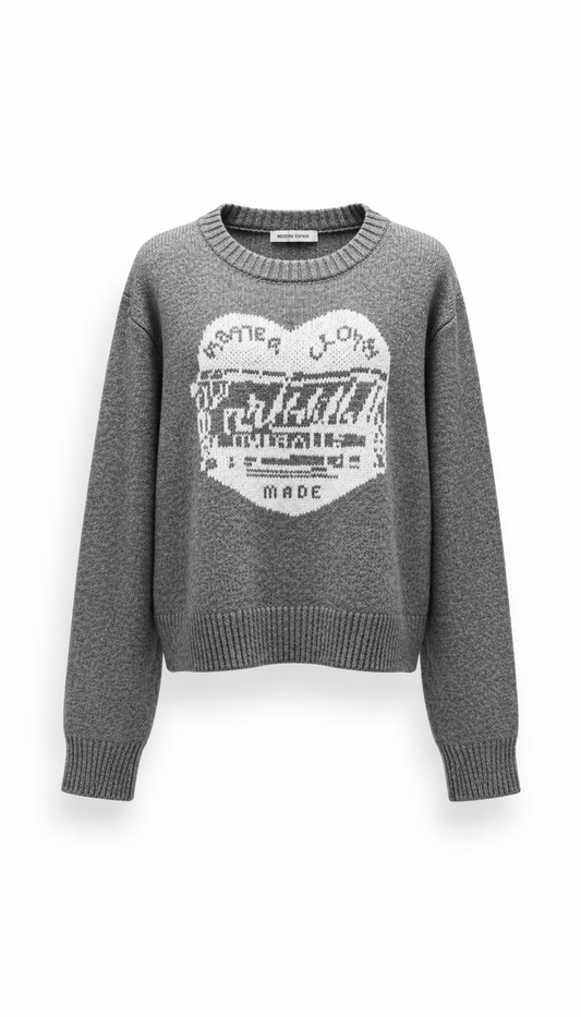 Modern Vintage Women Grey Heart Graphic Intarsia Knit Sweater
