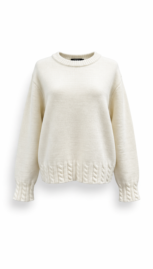 Women Off-White Cable Knit Detail Crew Neck Sweater