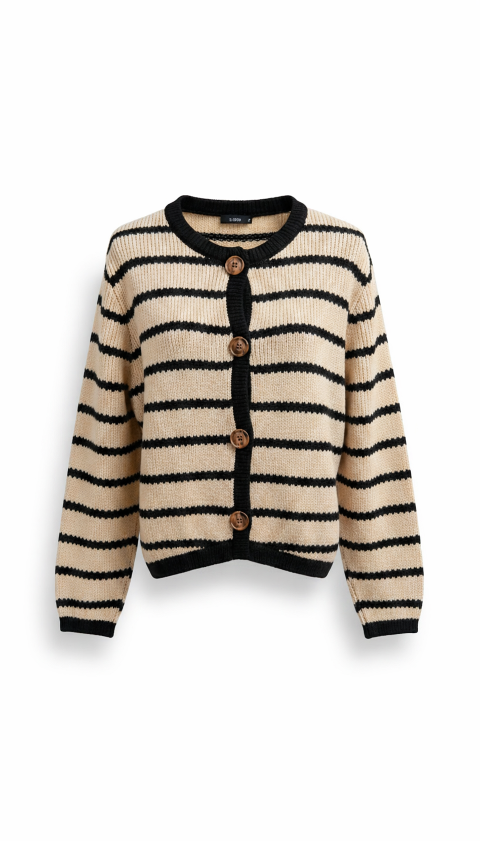 Women Beige & Black Striped Ribbed Button-Down Cardigan