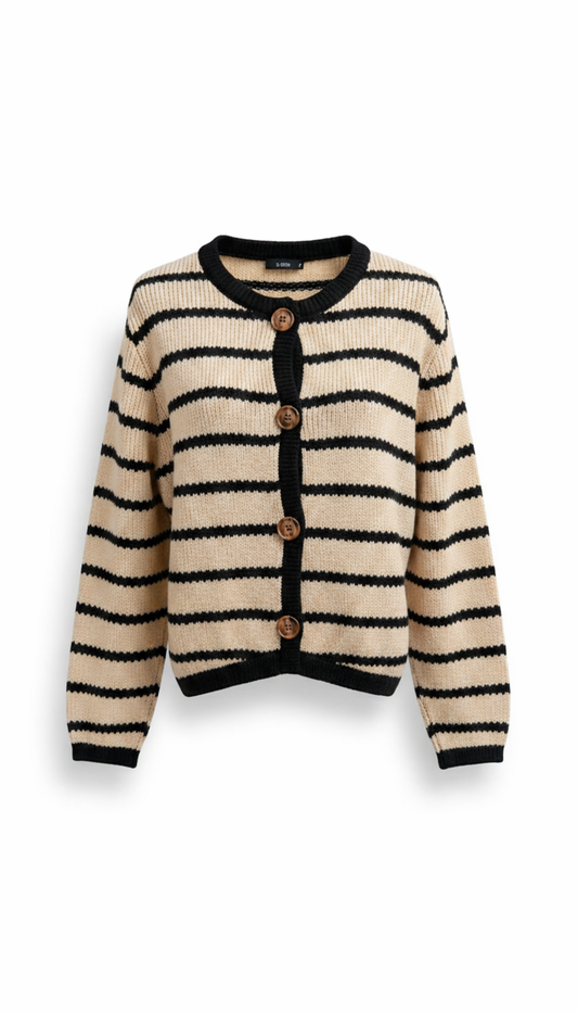 Women Beige & Black Striped Ribbed Button-Down Cardigan