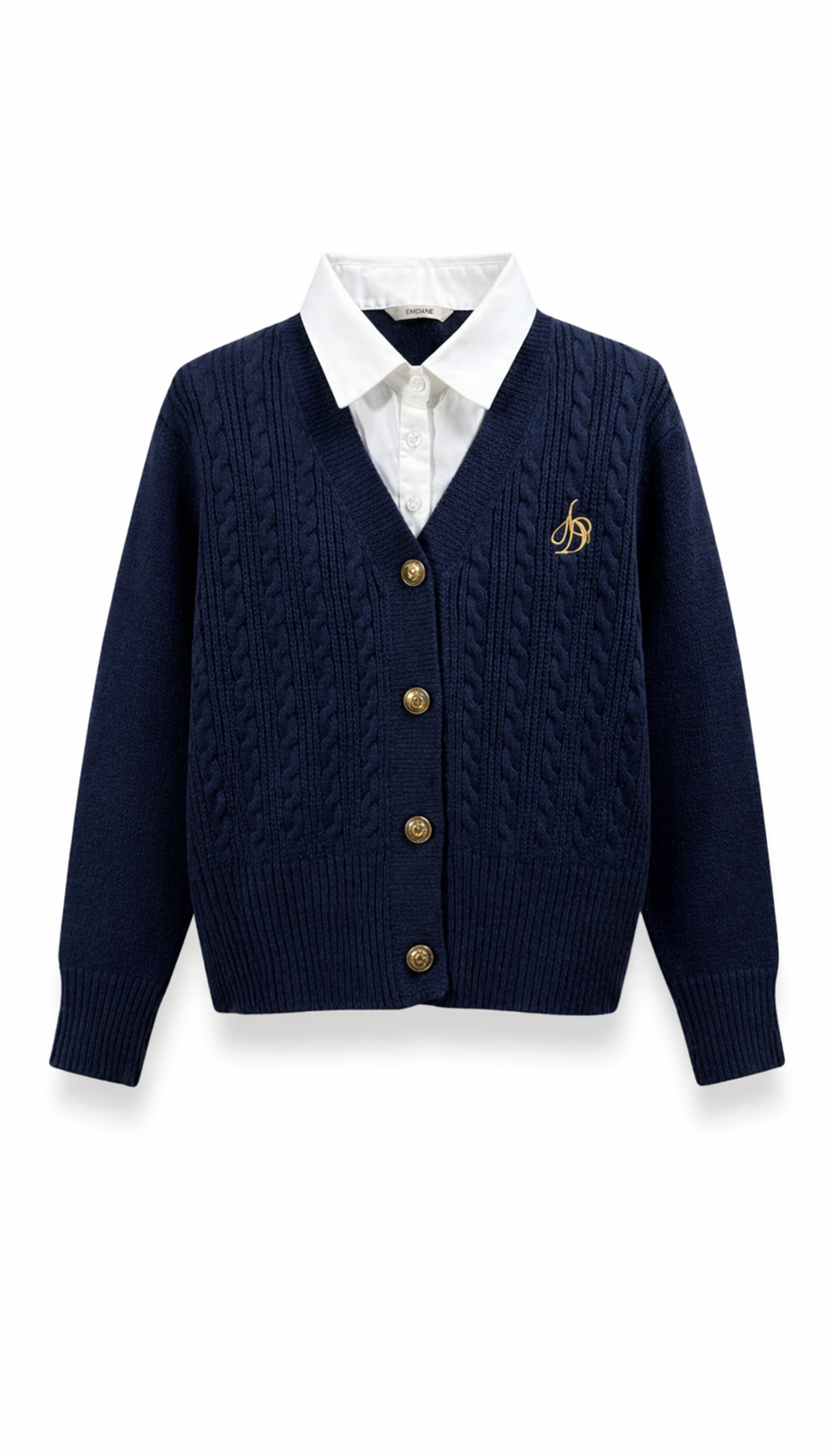 Classic Navy Blue Cable Knit Cardigan with White Shirt Ensemble